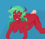  1boy 1girl all_fours anal breasts clenched_teeth demon_girl futachan green_hair horns nipples nude panty_&amp;_stocking_with_garterbelt penis poorly_drawn red_skin scanty_(psg) sex simple_background thighs 
