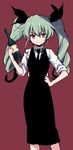 anchovy black_neckwear black_ribbon bottle commentary_request cowboy_shot drill_hair formal girls_und_panzer green_hair hair_between_eyes hair_ribbon hand_on_hip looking_at_viewer necktie odawara_hakone red_background red_eyes ribbon simple_background smile solo standing twin_drills twintails 