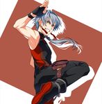  ass earrings fingerless_gloves gloves grin idolmaster idolmaster_side-m ikuwataru_nagomi jewelry kizaki_ren leg_lift male_focus salute silver_hair sleeveless smile solo yellow_eyes 