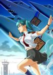  breasts female green_hair honjo_mikaze running skirt sky smile stratos_4 twintails uniform 