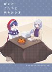  2girls :3 akagashi_hagane alternate_eye_color bangs black_capelet blue_hair bowl braid brooch capelet cat commentary_request cover doremy_sweet dress eyebrows_visible_through_hair feathered_wings food french_braid fruit grey_jacket hair_between_eyes hat indoors jacket jewelry kishin_sagume long_sleeves looking_at_viewer multiple_girls nightcap open_clothes open_jacket orange outline paper paper_stack pencil plaid pom_pom_(clothes) purple_dress purple_eyes red_hat short_hair silver_hair single_wing sitting table touhou translation_request turtleneck unmoving_pattern white_dress white_outline white_wings wing_collar wings 