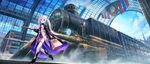  aqua_eyes armor bag boots bow breastplate clock cloud day fuji_choko garter_straps ground_vehicle hair_bow highres holding kenja_no_deshi_wo_nanoru_kenja lavender_hair long_hair mira_(kenja) pleated_skirt running skirt sky smile solo steam thighhighs train train_station twintails very_long_hair white_legwear 