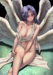  absurdres blue_hair blush breasts cleavage collarbone crescent facial_mark head_tilt large_breasts leg_hold legs lips long_hair looking_at_viewer midriff multiple_wings navel original parted_lips red_eyes revealing_clothes revision ryuki@maguro-ex solo stomach tunic veins white_wings wings 