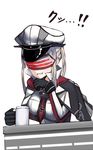  1girl black_gloves blonde_hair breasts capelet commentary cosplay covered_eyes cup gloves godot godot_(cosplay) graf_zeppelin_(kantai_collection) grin gyakuten_saiban gyakuten_saiban_3 hat highres i.f.s.f kantai_collection large_breasts long_hair mug necktie peaked_cap shade simple_background smile solo trait_connection translated twintails visor white_background 