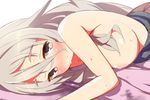  9law blush breast_press breasts kantai_collection large_breasts long_hair lying nipples on_stomach pola_(kantai_collection) silver_eyes silver_hair smile solo 