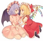  ascot bat_wings black_legwear blonde_hair bow crystal flandre_scarlet hat hat_bow hat_ribbon lavender_hair misoni_comi mob_cap multiple_girls nail_polish no_shoes open_mouth puffy_sleeves red_eyes remilia_scarlet ribbon seiza short_hair short_sleeves siblings simple_background sisters sitting touhou white_background wings wrist_cuffs 
