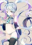 blue_eyes blue_hair cowboy_shot detached_sleeves hatsune_miku highres long_hair necktie no_pants panties solo thighhighs twintails underwear very_long_hair vocaloid yuuani 