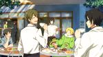  &gt;_&lt; akuno_hideo animal_costume apron black_hair blonde_hair brown_hair closed_eyes commentary_request derivative_work dramatic_stars eating facial_hair food fork free! frog_costume future_fish glasses goatee idolmaster idolmaster_side-m kaerre kashiwagi_tsubasa male_focus multiple_boys nekota_nanami pierre_(idolmaster) police police_uniform sakuraba_kaoru shinonome_souichirou stuffed_animal stuffed_frog stuffed_toy tendou_teru third-party_edit uniform watanabe_minori 