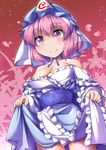  bare_shoulders blue_dress breasts cleavage cowboy_shot dress dress_lift floral_print fun_bo hat large_breasts long_sleeves looking_at_viewer mob_cap off_shoulder petals pink_eyes pink_hair saigyouji_yuyuko sash short_hair smile solo thighs touhou triangular_headpiece veil 