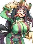  :&gt; asui_tsuyu bad_id bad_pixiv_id belt black_hair blush blush_stickers bodysuit boku_no_hero_academia breasts cleavage eyelashes frog_girl from_above gloves goggles goggles_on_head green_bodysuit hair_rings hand_on_head highres huge_breasts impossible_bodysuit impossible_clothes j_na long_hair long_tongue low-tied_long_hair monster_girl open_mouth purple_eyes shiny shiny_clothes skin_tight solo tongue tongue_out 