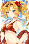  armpits bad_id bad_twitter_id bare_shoulders bikini blonde_hair blue_eyes blue_sky blush bracelet breasts cleavage cloud collarbone day earrings eating eyewear_on_head flower food glasses glint granblue_fantasy hair_flower hair_intakes hair_ornament hibiscus highres holding holding_food jewelry large_breasts long_hair looking_at_viewer melting midriff navel popsicle red-framed_eyewear red_bikini shawl sky solo stomach sunglasses sweetroad swimsuit twintails wavy_hair zeta_(granblue_fantasy) 