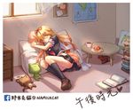  artist_name black_shirt blonde_hair book_stack curtains cushion facebook gradient_hair hair_flaps highres indoors kantai_collection long_hair lying map miniskirt multicolored_hair namilkcat on_side pillow pleated_skirt red_hair remodel_(kantai_collection) school_uniform serafuku shirt shoes skirt sleeping smile solo stuffed_toy thighs window yuudachi_(kantai_collection) 