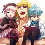  2boys ahoge bangs blonde_hair blue_eyes blue_hair blunt_bangs bob_cut book boots bow bowtie chain closed_eyes fate/extra fate/extra_ccc fate/grand_order fate_(series) frills glasses gold_chain hans_christian_andersen_(fate) jewelry knee_boots labcoat looking_at_another maguro_(ma-glo) multiple_boys necklace nursery_rhyme_(fate/extra) open_mouth pink_hair sakata_kintoki_(fate/grand_order) shawl sitting smile sunglasses 