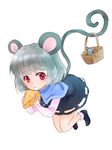  animal_ears basket capelet cheese food full_body grey_hair jewelry long_sleeves mouse mouse_ears mouse_tail nazrin pendant red_eyes shoes short_hair simple_background socks solo tail touhou white_background yurara_(aroma42enola) 