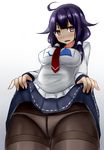 ahoge ass ass_visible_through_thighs bad_id bad_pixiv_id black_legwear blue_skirt blush breasts crotch_seam hair_flaps heart heart-shaped_pupils highres kantai_collection large_breasts long_hair long_sleeves looking_at_viewer low_twintails necktie open_mouth panties panties_under_pantyhose pantyhose pleated_skirt purple_hair red_eyes red_neckwear school_uniform serafuku skirt skirt_lift solo symbol-shaped_pupils taigei_(kantai_collection) terakoya thigh_gap thighband_pantyhose thighs twintails underwear white_panties 