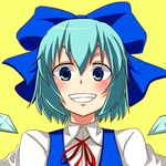  :d blue_bow blue_eyes blue_hair blue_vest blush bow cirno commentary_request doyagao grin hair_bow ice ice_wings isagi looking_at_viewer neck_ribbon open_mouth portrait red_ribbon ribbon shirt short_hair smile solo touhou tsurime v-shaped_eyebrows vest white_shirt wings yellow_background 