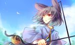  animal_ears basket capelet cloud day dowsing_rod grey_hair jewelry kutsuki_kai mouse mouse_ears mouse_tail nazrin pendant petals red_eyes sky solo tail touhou 