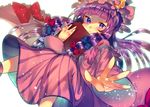  bad_id bad_pixiv_id blush book capelet commentary_request crescent dress dutch_angle hair_ribbon hat long_sleeves looking_at_viewer mob_cap nagao_(cat610) open_book patchouli_knowledge purple_eyes purple_hair ribbon simple_background solo sparkle striped striped_dress touhou tress_ribbon white_background wide_sleeves 