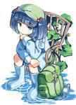  backpack backpack_removed bag bag_removed bangs blue_eyes blue_footwear blue_hair blunt_bangs boots chair chin_rest cucumber dress dress_shirt full_body hair_bobbles hair_ornament hand_on_own_chin hat ivy jitome kawashiro_nitori key leaf long_sleeves monosenbei on_water plant pocket ripples rubber_boots shirt short_hair sitting skirt skirt_set smile solo touhou two_side_up water 