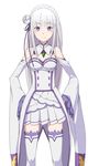  bad_id bad_pixiv_id bare_shoulders braid emilia_(re:zero) flower hair_flower hair_ornament hair_ribbon hands_on_hips highres long_hair looking_at_viewer needle_(needlebomb) purple_eyes re:zero_kara_hajimeru_isekai_seikatsu ribbon sidelocks silver_hair smile solo thighhighs white_background wide_sleeves zettai_ryouiki 