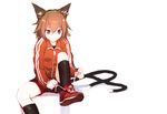  adidas alternate_costume animal_ears black_legwear brown_eyes brown_hair cat_ears cat_girl cat_tail chen chromatic_aberration commentary_request hairband jacket jewelry kinketsu multiple_tails red_footwear red_shorts shoes short_hair shorts simple_background single_earring sitting smile sneakers socks solo tail touhou track_jacket two_tails tying_shoes white_background 