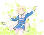  blonde_hair cape crown earrings frog idolmaster idolmaster_side-m jewelry kaerre looking_at_viewer male_focus open_mouth outstretched_arms pantyhose pierre_(idolmaster) purple_eyes short_hair smile spread_arms tatahumu 