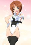  ;d adapted_costume breasts brown_eyes brown_hair covered_nipples girls_und_panzer gloves highleg highleg_leotard leotard medium_breasts nishizumi_miho one_eye_closed ooarai_school_uniform open_mouth ouhashi sailor_collar short_hair smile solo thighhighs v 