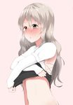  bad_id bad_pixiv_id blush breasts brown_eyes chestnut_mouth eyebrows grey_hair kamenoyou kantai_collection long_hair navel pink_background pola_(kantai_collection) simple_background small_breasts solo sweat thick_eyebrows underboob undressing upper_body wavy_hair 