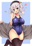  :d bangs black_hat black_legwear blue_background blue_eyes blue_swimsuit blush border breasts eyebrows eyebrows_visible_through_hair fujimiya_yahiro groin hat head_tilt heart kantai_collection kashima_(kantai_collection) large_breasts off_shoulder one-piece_swimsuit open_mouth shiny shiny_clothes silver_hair skindentation smile solo swimsuit thighhighs twintails white_border 