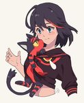  :&lt; animal animal_in_clothes bangs black_hair blue_eyes blush color_connection crossover eye_contact eyelashes gen_7_pokemon kill_la_kill litten looking_at_another matoi_ryuuko multicolored_hair pokemon pokemon_(creature) pokemon_(game) pokemon_sm red_eyes red_hair rutiwa school_uniform senketsu serafuku short_hair simple_background streaked_hair tears two-tone_hair upper_body yellow_sclera 