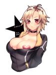  :o ahoge bad_id bad_pixiv_id bangs breasts choker cleavage collarbone company_name copyright_name facial_mark goggles goggles_on_head heart_pasties highres huge_breasts lens_flare light_brown_hair looking_at_viewer original pasties phantasy_star phantasy_star_online_2 red_eyes sega shiny shiny_skin short_hair simple_background solo sparkle star swept_bangs upper_body white_background yutazou 