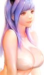  bangs bare_shoulders blue_eyes bra breasts cleavage ddongu large_breasts lips long_hair original purple_hair sidelocks simple_background sketch smile solo underwear upper_body white_background 