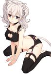  absurdres animal_ears arm_support bare_shoulders black_bra black_eyes black_legwear black_panties bra breasts cat_ears cat_tail choker cleavage cleavage_cutout highres kantai_collection kashima_(kantai_collection) leaning_forward lio_(tsukuyomi-tei) looking_at_viewer medium_breasts panties silver_hair sitting solo tail tail_slit_clothes thigh_strap thighhighs underwear wariza wavy_hair 