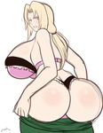  artist_name ass blonde_hair blush bra breasts gigantic_breasts highres lace-trimmed_bra lace-trimmed_panties lingerie looking_back naruto panties solo thong tsunade underwear white_background wink zetarok 