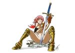  armor bikini_armor blush breasts long_hair looking_at_viewer nude one_piece pink_hair princess rebecca_(one_piece) red_eyes sitting solo spread_legs sword weapon 