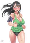  :o ass_visible_through_thighs black_hair blush breasts cleavage dated huge_breasts jogging long_hair mole mole_on_breast mole_on_thigh morimoto_chio open_mouth original pedometer purple_eyes simple_background solo sweat thighs white_background zheng 