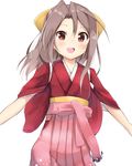  :d alternate_costume amano_kouki anchor bow brown_eyes cosplay hair_bow hakama high_ponytail highres japanese_clothes kamikaze_(kantai_collection) kamikaze_(kantai_collection)_(cosplay) kantai_collection kimono light_brown_hair long_hair looking_at_viewer md5_mismatch meiji_schoolgirl_uniform open_mouth pink_hakama pink_skirt ponytail simple_background skirt smile solo white_background yellow_bow zuihou_(kantai_collection) 