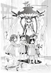  5girls black_gloves bodysuit cape cat cheek_press child commentary_request full_body gloves greyscale hair_ornament hand_on_another's_head headgear kantai_collection kindergarten_uniform kojima_saya monochrome multiple_girls petting rain running shinkaisei-kan spoken_ellipsis tentacles translated turret wo-class_aircraft_carrier 