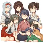  akagi_(kantai_collection) arm_on_shoulder bad_id bad_pixiv_id blue_eyes blue_hair blush brown_eyes brown_hair closed_eyes commentary_request green_eyes green_hair hair_ribbon hairband hakama hand_on_another's_head hiryuu_(kantai_collection) houshou_(kantai_collection) japanese_clothes kaga_(kantai_collection) kantai_collection kimono long_hair lying lying_on_person miko mother's_day motherly multiple_girls muneate nemubusoku on_stomach open_mouth red_hakama ribbon short_hair shoukaku_(kantai_collection) side_ponytail silver_hair sitting smile souryuu_(kantai_collection) twintails white_background zuikaku_(kantai_collection) 