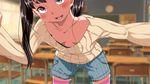 black_hair blurry breasts collarbone depth_of_field downblouse flat_chest foreshortening highres long_hair looking_at_viewer original pink_legwear pov ribbed_sweater shorts side_ponytail small_breasts smile solo sweater thighhighs yac_(mokkori) 
