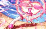  bike_shorts blue_sky boots bow choker cloud cloudy_sky cure_happy energy frills ground happy_shower head_wings heart highres hoshizora_miyuki knee_boots long_hair magical_girl necktie open_mouth pink_bow pink_eyes pink_hair pink_neckwear pink_skirt precure short_sleeves shorts shorts_under_skirt skirt sky smile_precure! solo teeth tiara tugo twintails 