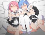  2girls blue_hair blush breasts breath closed_eyes dress dress_pull fingering hair_ornament hair_over_one_eye hetero indoors itose_ikuto legs_up lying maid medium_breasts multiple_girls nipples no_bra no_shoes on_back on_bed open_mouth out_of_frame panties panties_aside pink_hair pov pov_hands ram_(re:zero) re:zero_kara_hajimeru_isekai_seikatsu rem_(re:zero) short_hair siblings sisters small_breasts spread_legs thighhighs twins underwear vaginal white_legwear white_panties x_hair_ornament 