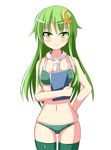  bikini clipboard crescent crescent_hair_ornament green_bikini green_eyes green_hair green_legwear hair_ornament ichimi kantai_collection long_hair looking_at_viewer nagatsuki_(kantai_collection) navel necktie skindentation smile solo swimsuit thighhighs very_long_hair 