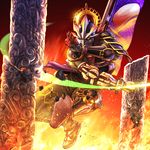  amputee banner cut epic fighting_stance fire gauntlets headdress highres japanese_clothes katana male_focus mask namco ninja prosthesis samurai solo soul_calibur soulcalibur_iii sword tabi weapon yoshimitsu 