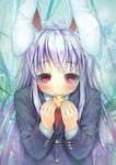  animal_ears blush bunny_ears commentary_request cookie food highres jacket lavender_hair long_hair long_sleeves looking_at_viewer looking_up necktie red_eyes reisen_udongein_inaba shirt solo touhou upper_body yorudou 