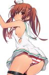  1girl :&lt; arms_up ass bare_shoulders blush border breasts closed_mouth cowboy_shot dark_skin dress eyebrows eyebrows_visible_through_hair female from_behind hair_between_eyes hair_ribbon hat horizontal_stripes kantai_collection kk-sk-ray libeccio_(kantai_collection) long_hair mini_hat no_bra orange_hair panties pleated_dress ribbon sailor_collar sailor_dress shiny shiny_skin short_dress sideboob simple_background sleeveless sleeveless_dress solo striped striped_panties thigh_strap twintails underwear white_background white_dress white_hat 