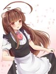  ahoge alternate_costume animal_ears bad_id bad_pixiv_id brown_hair enmaided jewelry kantai_collection kuma_(kantai_collection) locket long_hair maid masayo_(gin_no_ame) open_mouth pendant smile solo 