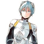  ayanami_rei ayanami_rei_(cosplay) blue_hair bodysuit cosplay gloves grey_eyes idolmaster idolmaster_side-m karushiumu_shougyo looking_down male_focus neon_genesis_evangelion plugsuit sakaki_natsuki solo white_bodysuit white_gloves 