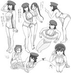  akitsu_maru_(kantai_collection) arm_grab bikini breasts floating flying_sweatdrops gloves greyscale gufu_(guffuumu) hat innertube kantai_collection large_breasts leaning_forward looking_at_another looking_at_viewer maru-yu_(kantai_collection) mikuma_(kantai_collection) monochrome multiple_girls multiple_views one-piece_swimsuit one_eye_closed open_mouth peaked_cap profile salute short_hair sleeping solo_focus sweatdrop swimsuit translation_request 