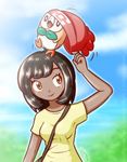  artist_name bag bangs black_hair dark_skin gen_7_pokemon handbag hat jezmm mizuki_(pokemon) pokemon pokemon_(creature) pokemon_(game) pokemon_sm rowlet shirt smile swept_bangs t-shirt yellow_eyes yellow_shirt 